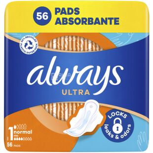 Always Ultra Normal, 56 шт., Олвейс, Гигиенические прокладки с крылышками, 4 капли
