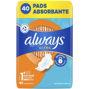 Always Ultra Normal, 40 шт., Олвейс, Прокладки гигиенические с крылышками, 4 капли