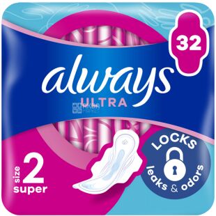 Always Ultra Super, 32 шт., Олвейс, Гігієнічні прокладки з крильцями, 5 крапель