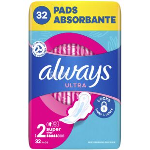 Always Ultra Super, 32 шт., Олвейс, Гігієнічні прокладки з крильцями, 5 крапель