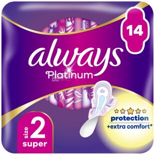 Always Platinum Super, 14 шт., Олвейс, Гігієнічні прокладки з крильцями, 4 краплі