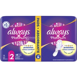 Always Platinum Super, 14 шт., Олвейс, Гигиенические прокладки с крылышками, 4 капли