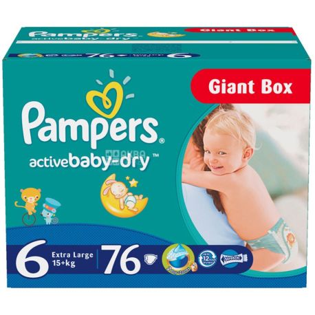 Pampers Active Baby, Extra Large Giant, 76 шт., Памперс, Підгузки-трусики, Розмір 6, 15+ кг
