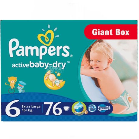 Pampers Active Baby, Extra Large Giant, 76 шт., Памперс, Підгузки-трусики, Розмір 6, 15+ кг