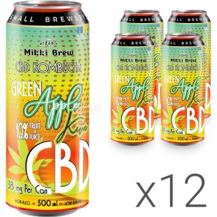 Mikki Brew Green Apple-Kiwi, Упаковка 12 шт. х 500 мл, Міккі Брю, Напій слабогазований, Комбуча Зелене яблуко-Ківі, ж/б