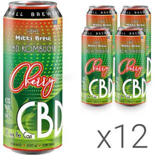 Mikki Brew Cherry, Упаковка 12 шт. х 500 мл, Міккі Брю, Напій слабогазований, Комбуча Вишня, ж/б