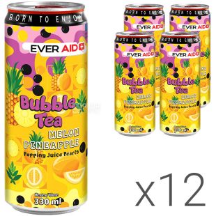 Ever Aid Bubble Tea Melon Pineapple, Упаковка 12 шт. х 0,33 л, Чайний напій з кульками, що лопаються Бабл Ті Диня-Ананас