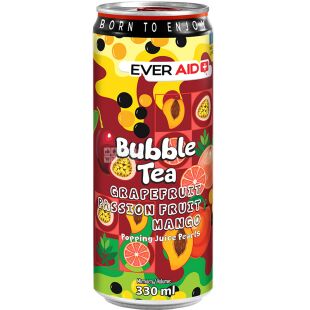 Ever Aid Bubble Tea, 0,33 л, Чайний газований напій з кульками, що лопаються  Грейпфрут-Маракуйя-Манго Бабл Ті