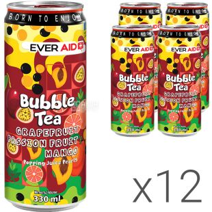 Ever Aid Bubble Tea, Упаковка 12 шт. х 0,33 л, Чайний газований напій з кульками, що лопаються  Грейпфрут-Маракуйя-Манго Бабл Ті