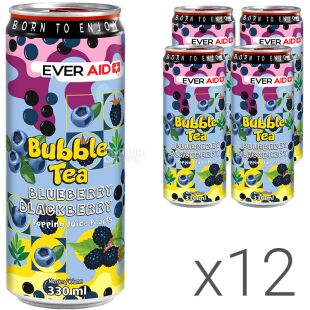 Ever Aid Bubble Tea, Упаковка 12 шт. х 0,33 л, Чайний слабогазований напій з кульками, що лопаються Чорниця-Ожина Бабл Ті