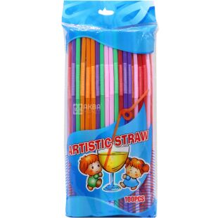 Промтус, Трубочки коктейльні з довгою гофрою, 100 шт., 25 см, кольорові, пластикові