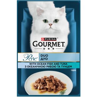 Gourmet Perle Duo, 85 г, Корм для котов полнорационный, C океанической рыбой и тунцом, влажный, Гурмэ