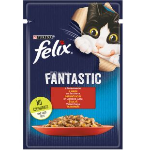 Felix, 85 г, Корм ​​для кошек, Кусочки говядины в желе, влажный, Феликс