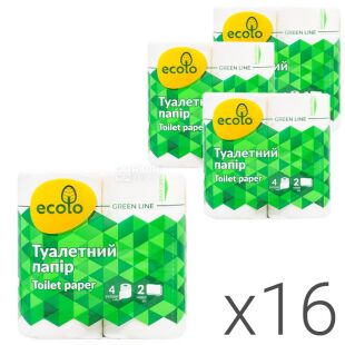 Ecolo, Упаковка 16 шт. по 4 рул.,Туалетная бумага Эколо, 2-х слойная