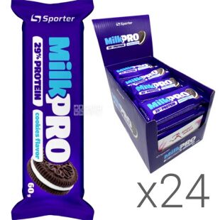Sporter MILK PRO, Упаковка 24 шт. х 60 г, Спортер, Батончик протеїновий зі смаком печива