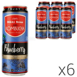Mikki Brew Blueberry, упаковка 6 шт. х 330 мл, Комбуча Микки Брю, Черника, ж/б