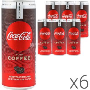 Coca-Cola Zero Coffee, Упаковка 6 шт. х 0,25 л, Напій газований Кока-Кола з екстрактом кави, без цукру, ж/б