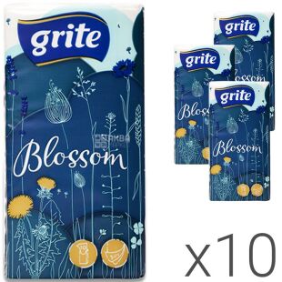 Grite Blossom, Упаковка 10 шт. х 10 шт., Хусточки паперові Гріте, трьохшарові