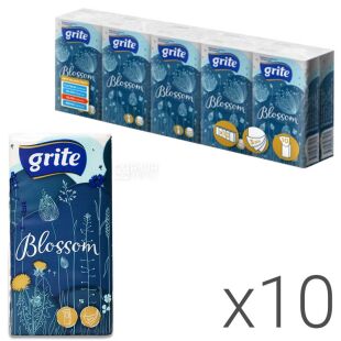 Grite Blossom, Упаковка 10 шт. х 10 шт., платочки бумажные гретые, трехслойные