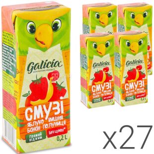 Galicia, Упаковка 27 шт. х 200 мл, Смузі Яблуко-вишня-банан-полуниця, без цукру