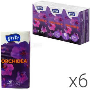 Grite Orchidea White, Упаковка 6 шт., х 9 шт., платочки бумажные Грете, четырехслойные