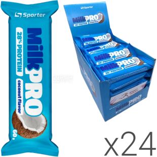 Sporter MILK PRO, Упаковка 24 шт. х 60 г, Батончик протеїновий Кокос Спортер