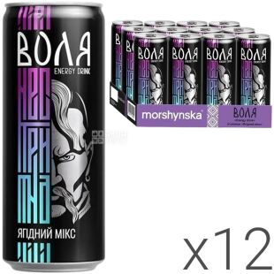 Моршинська, Упаковка 12 шт. х 0,33 л, Напій енергетичний газований Воля Ягідний мікс, ж/б 