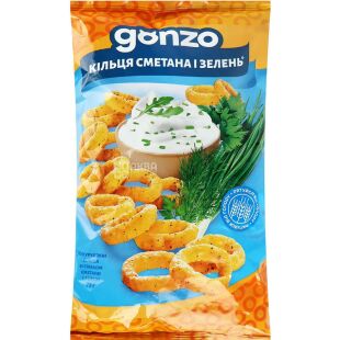 Gonzo, 75 г, Снеки кукурудзяні кільця зі смаком Сметани та Зелені Гонзо