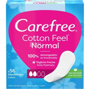 Carefree Cotton Feel Normal Aloe, 56 шт., Прокладки гигиенические ежедневные без крылышек Кефри, с экстрактом Алоэ