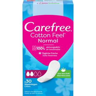 Carefree Cotton Feel Normal Aloe, 30 шт., Прокладки гігієнічні щоденні без крилець Кефрі, з екстрактом Алое