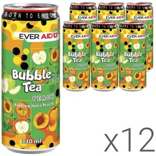 Ever Aid Bubble Tea, Упаковка 12 шт. х 0,33 л, Чайный слабогазированный напиток с лопающимися шариками Персик Бабл Ти