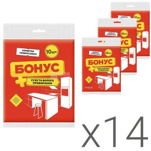 Файний Бонус, Упаковка 14 шт. х 10 шт., Серветки віскозні універсальні сухе та вологе прибирання, 170 x 130 мм, в асортименті