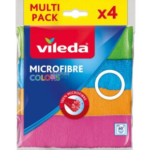 Vileda Microfibre Colors, 4 шт., Салфетки универсальные из микрофибры, 185 х 200 мм, в ассортименте