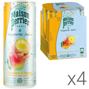 Perrier & juice, Упаковка 4 шт. х 0,25 л, Перье, Напиток сокосодержащий Ананас и Манго, ж/б