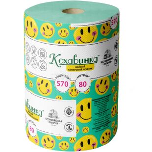 Кохавинка, 1 рул., Бумажные полотенца, 1-слойные, зеленые, 80 м, 570 отрывов, 220х130 мм