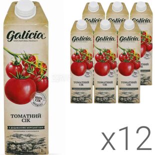 Galicia, Упаковка 12 шт. х 1 л, Сік натуральний Томатний з морською сіллю Галіція, відновлений