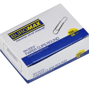 Buromax, 100 шт., 28 мм, скрепки канцелярские, Никелированные, м/у