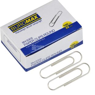 Buromax, 100 шт., 28 мм, скрепки канцелярские, Никелированные, м/у