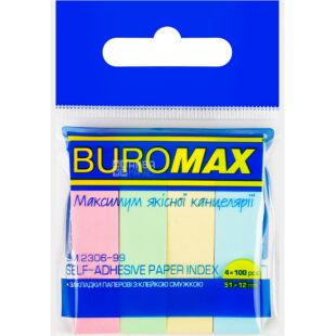  Buromax Pastel, 100 листов, Закладки бумажные, с клейким слоем, 4 цвета, 51x12 мм