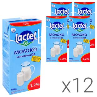 Lactel, Упаковка 12 шт. по 1 л, Молоко ультрапастеризованное, с витамином D, 3,2%, с клапаном
