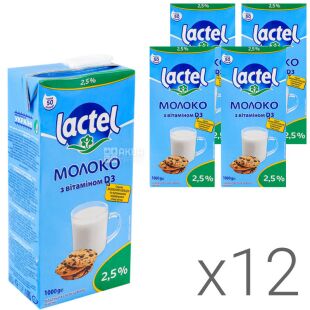 Lactel, Упаковка 12 шт. по 1 л, Молоко Лактель ультрапастеризоване, з вітаміном D, 2,5%, з клапаном