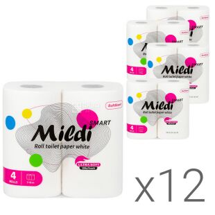 Mildi Smart, Упаковка 12 шт. х 4 рул., Туалетний папір, 2-шаровий, білий, 11,5 м