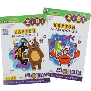ZiBi, 10 кольорів, Картон кольоровий односторонній, 230 г/м2, А4, 210х297 мм, асорті