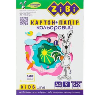ZiBi, Набір 2в1 одностороннього кольорового картону і папіру, А4, 230 г/м2 і 45г/м2, 9 кольорів