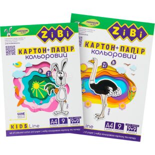 ZiBi, Набор 2в1 одностороннего цветного картона и бумаги, А4, 230 г/м2 и 45г/м2, 9 цветов