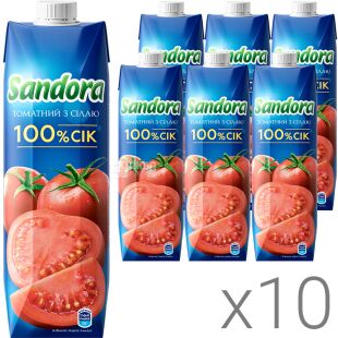 Sandora, Упаковка 10 шт. х 0,95 л, Сік натуральний Томатний Сандора, з сіллю