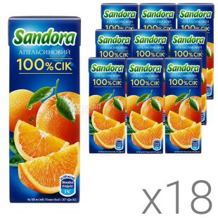 Sandora, Упаковка 18 шт. х 200 мл, Сік апельсиновий 100% Сандора, без цукру, з трубочкою