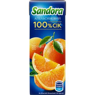 Sandora, 200 мл, Сік апельсиновий 100% Сандора, без цукру, з трубочкою