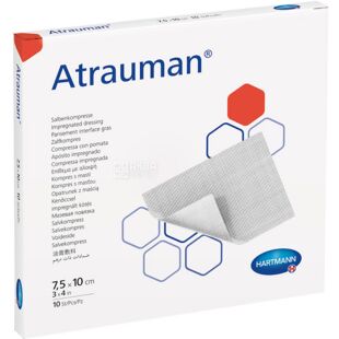Hartmann Atrauman, 10 шт., Сетчатая повязка мазевая для атравматического ухода за ранами, 75 мм х 100 мм