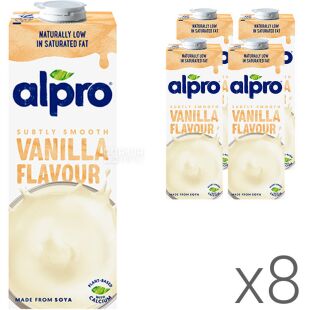 Alpro, Soya Vanilla, Упаковка 8 шт. по 1 л, Алпро, Соєве молоко з ваніллю, вітамінізоване